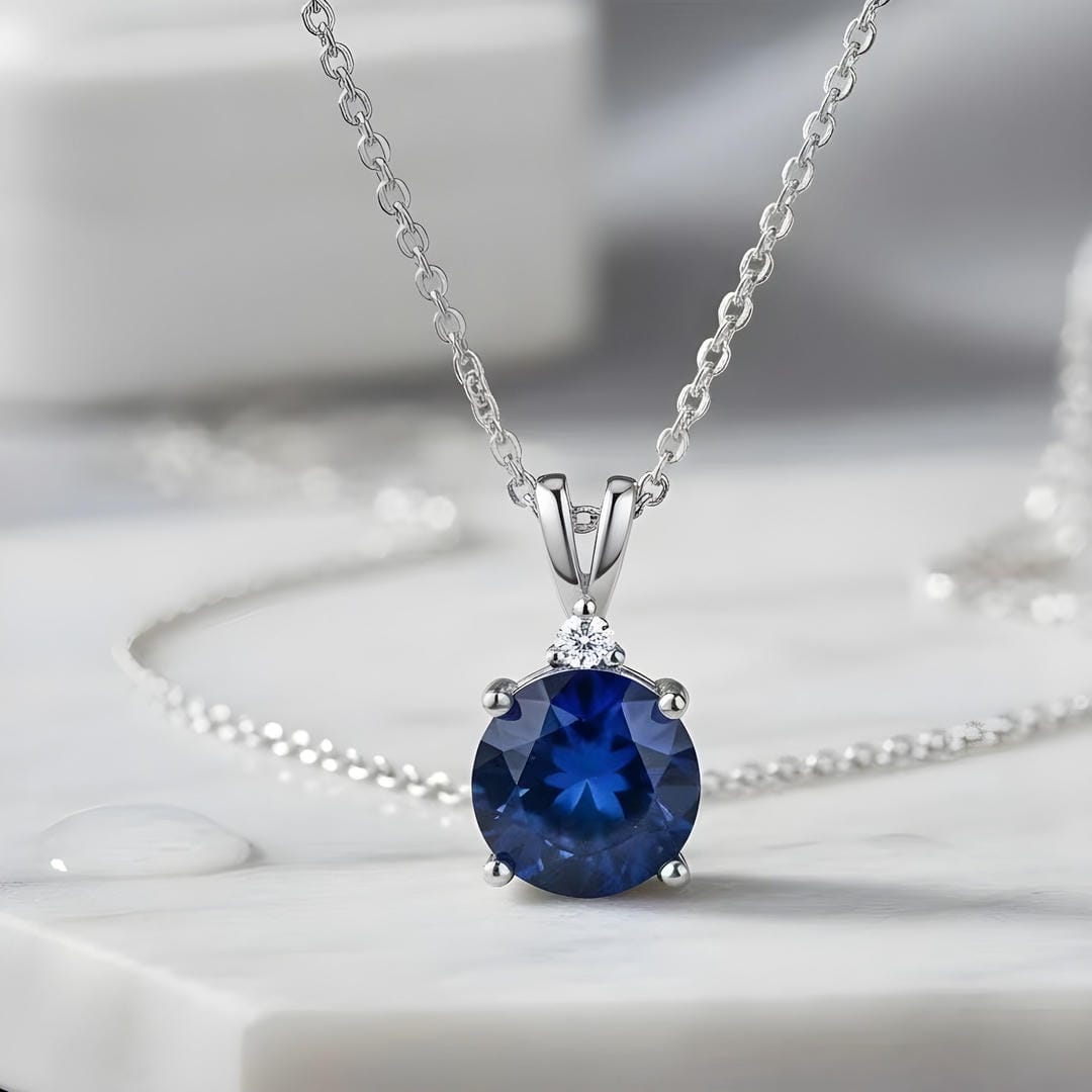 Round Cut Blue Sapphire Necklace